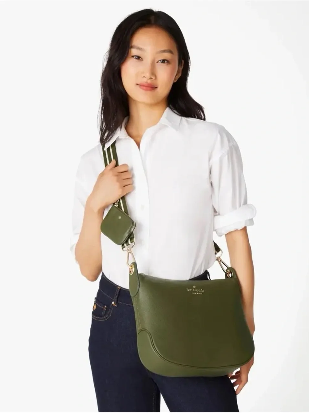 kate spade Olive Green Pebbled Leather Crossbody with Striped Strap